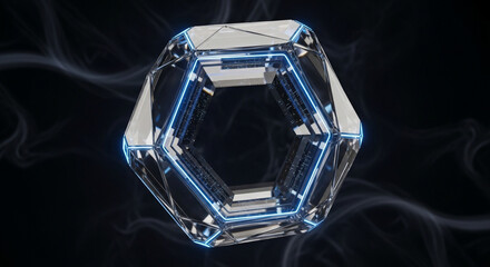 Futuristic crystal geodesic dome structure with glowing blue neon energy lines against smoky dark background, representing innovation and advanced technology.