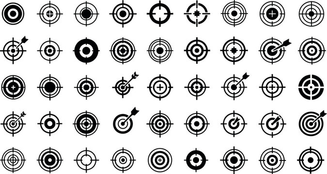 Collection of diverse target icons and crosshair symbols representing focus and precision