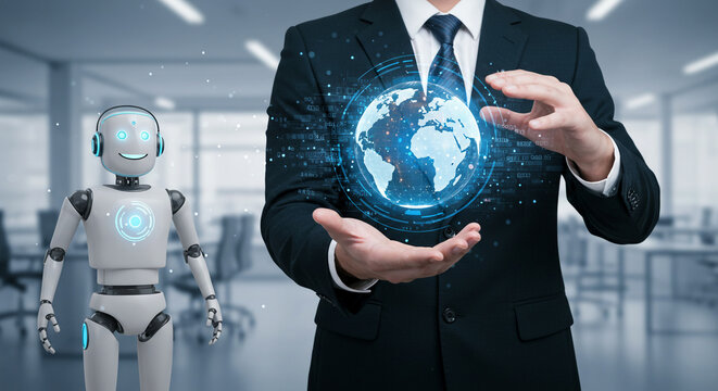 Dynamic businessman showcases futuristic robot assistant and glowing digital Earth, symbolizing global innovation and AI integration in modern business.