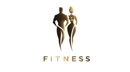 Luxury fitness logo with golden muscular man and fit woman body symbol. Concept: Premium fitness branding, luxury sports identity, combined masculine and feminine body emblem, for fitness, sport salon