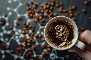 Hand holding a cup of hot coffee with foam over coffee beans and caffeine molecule formula on dark background