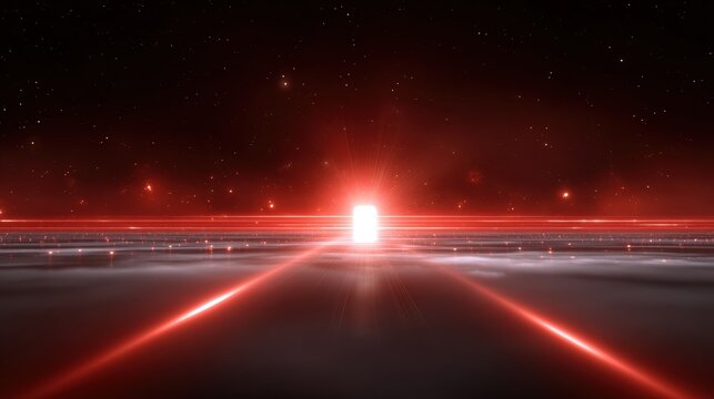 A vibrant digital scene depicting a bright, glowing doorway amidst a cosmic backdrop, with red beams radiating in a dark environment.