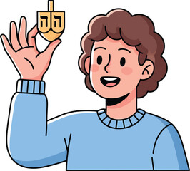 A person holding up a dreidel with Hebrew letters on it, celebrating Hanukkah.