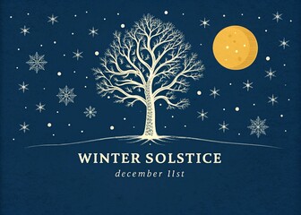 Photo of a stylized illustration of a bare tree under a starry night sky with snowflakes and a full moon, representing the winter solstice