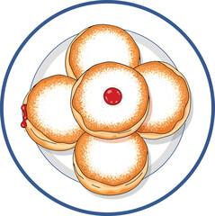 A top-down view of a plate filled with five delicious sufganiyot, dusted with powdered sugar and some with jelly filling.