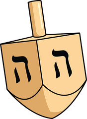 A wooden dreidel with Hebrew letters on its sides, ready to spin.