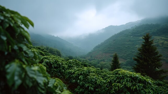 Misty mountain slopes covered with lush coffee plantations under a cloudy sky