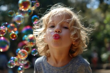 Young child with curly hair blowing kisses towards colorful bubbles in a vibrant outdoor setting, capturing the essence of joy and playfulness in a sunny atmosphere
