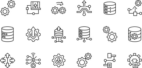Collection of outline icons representing data processing database management and system connections
