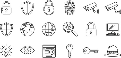 Collection of hand drawn security and protection icons including locks shields cameras fingerprints and keys
