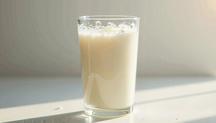 Glass of fresh milk in sunlight on white surface