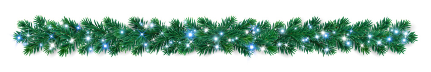 Christmas tree garland with blue, white, and silver baubles and glowing lights. Festive evergreen border perfect for Christmas banners, cards, and winter designs. © Olga Prozorova