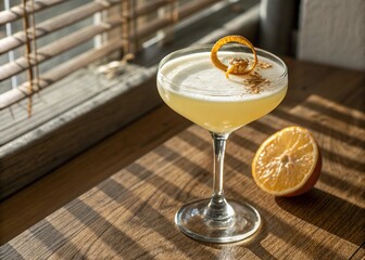 Photo of a sophisticated yellow cocktail garnished with orange zest and cinnamon, served in a coupe glass, bathed in sunlight by a window