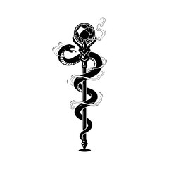 Wizard staff silhouette enchanted scepter with a snake coiling around it isolated on