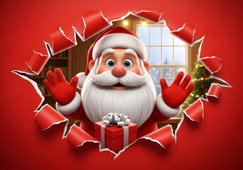 Cheerful 3D Santa Claus bursts through torn red paper holding a shiny Christmas gift. Perfect for holiday promotions, greeting cards, social media posts, banners, and festive advertising. Vibrant colo