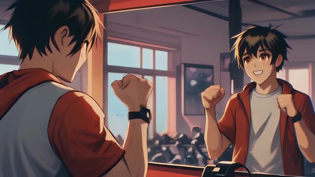 A young anime man with dark hair and a determined smile looks at his reflection in a gym mirror, flexing his fists in a moment of triumph.