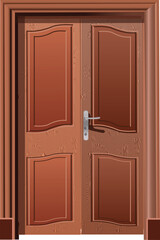 Fototapeta premium This vector illustration features a classic double wooden door with detailed panel work, smooth curves, and a realistic wood-grain texture. Designed in warm brown tones, the door includes a metallic 