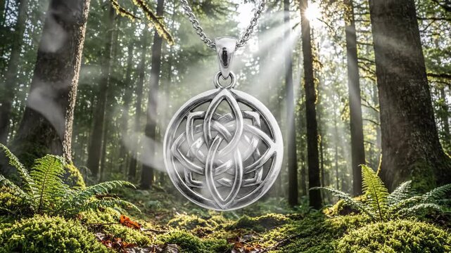 Celtic Knot Pendant in Forest Sunlight - A silver Celtic knot pendant hangs in a sun-drenched forest setting, surrounded by mossy ground and trees.