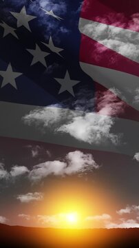 USA flag on black and white sky background. Veterans Day, Memorial Day, Independence Day. USA celebration. Vertical video for social media and stories.