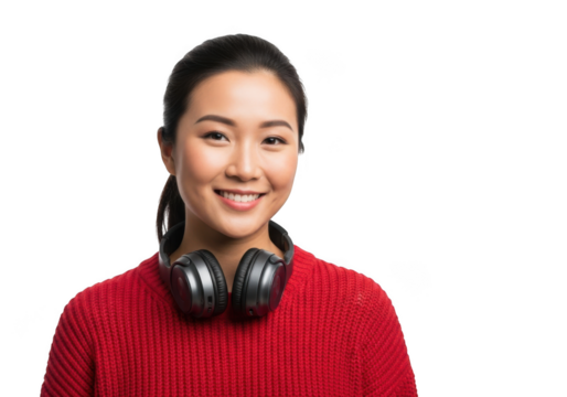 A cheerful young asian woman with headphones around her neck wearing a red sweater smiling brightly isolated on transparent background - Powered by Adobe