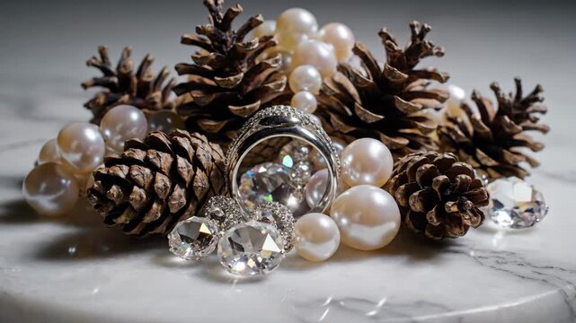 Jewelry and Nature Still Life - A macro shot showcases an assortment of objects including pine cones, pearls, diamonds and a silver ring placed on a marble surface.