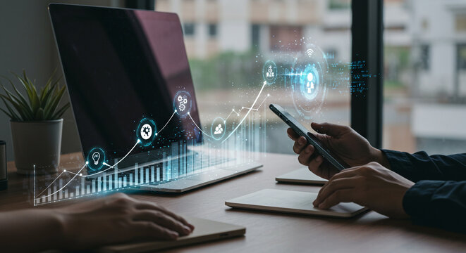 Dynamic digital analysis of business growth and innovation displayed on modern laptop screen with user interacting via smartphone - Powered by Adobe