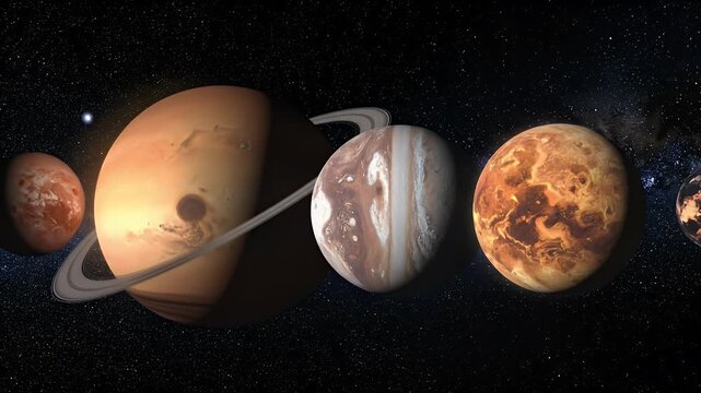 Planets In A Row Against Starry Backdrop in the Dark Space With Orange Brown And White Color Hues with Light And Shadow Effects