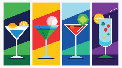 A collection of four vibrant posters showcasing various drinks, each featuring unique colors and designs..eps