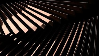 Abstract pattern of light and shadow created by angled wooden slats in a dark environment
