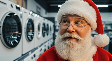 Surprised Santa Claus exploring refrigerators in an appliance store for holiday marketing and retail advertisements