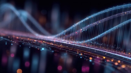 Futuristic digital bridge made of abstract glowing data streams and binary code lines in vibrant orange and red, symbolizing high-energy data connection and future tech.