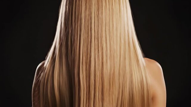 Blonde Hair Texture - Close-up shot of long, straight blonde hair against a dark background. The hair appears healthy and shiny, with a smooth, silky texture.
