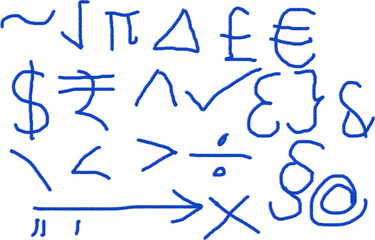 Hand drawn blue mathematical currency and special symbols collection