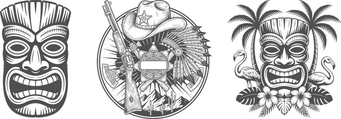 Tiki tribal wooden mask and native american,  vector illustration.