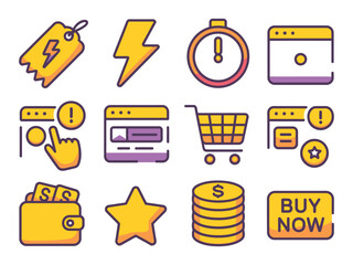 A collection of flat design icons representing online shopping and business concepts.