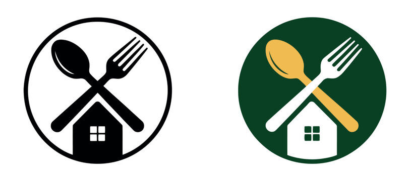 A logo design combines a house silhouette with crossed fork and spoon symbols, representing home dining or a food service. - Powered by Adobe