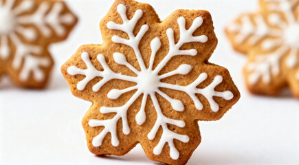 Three gingerbread cookies "snowflake", a Christmas holiday treat decorated with white icing