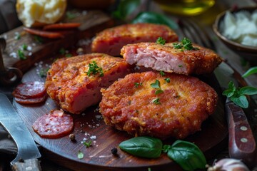 Delicious breaded ham steaks are garnished with fresh parsley and spices, served on a wooden cutting board