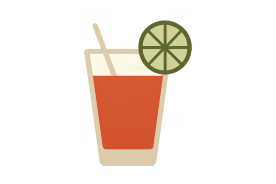 Refreshing summer drink icon, a cool cocktail in a glass with straw and lime slice, transparent background, simple vector illustration