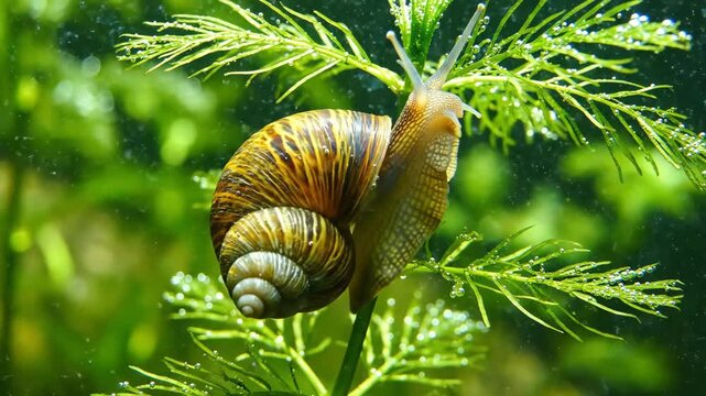 Snail on Aquatic Plant - A vibrant snail with a beautifully patterned shell crawls along lush green aquatic plant stems submerged in water.