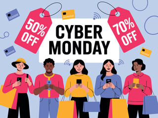People holding shopping bags and smartphones during a Cyber Monday sale with 50% and 70% off tags.