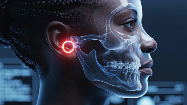 3D Render of Human Skull and Brain with Highlighted Ear for Medical and Scientific Research.