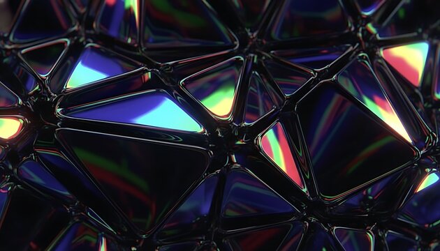 Abstract geometric pattern with iridescent holographic reflections and sharp edges creating a futuristic background