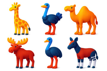 Obraz premium Tall Animal Icons. 3D icon set of tall animals: giraffe, ostrich, camel, moose, emu, okapi. A set of 3D-style icons in a modern