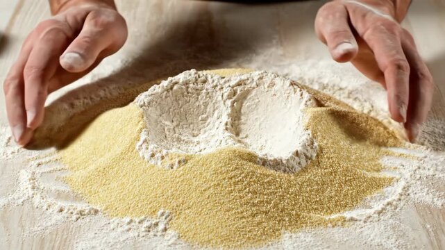 Making Pasta Dough - Hands Kneading Flour on a Wooden Surface.