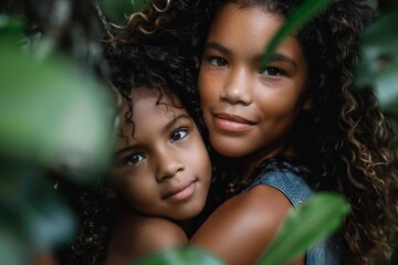 Two young sisters with curly hair embrace amidst lush foliage, creating a heartwarming portrait of sibling love and connection