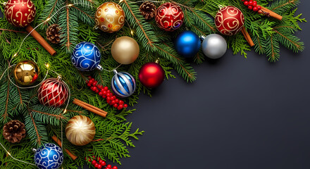 VIBRANT CHRISTMAS DECORATION FRAME ON DARK BACKGROUND WITH COPY SPACE FOR HOLIDAY GREETINGS