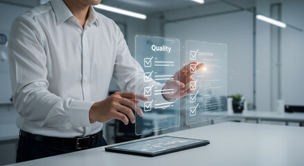 Professional businessman expertly managing quality control checks on a futuristic holographic display in a modern office environment, driving business excellence