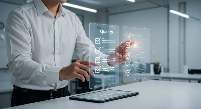 Professional businessman expertly managing quality control checks on a futuristic holographic display in a modern office environment, driving business excellence