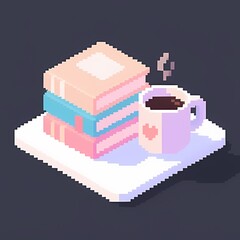 Pixel Art Isometric Books and Coffee Icon Illustration.